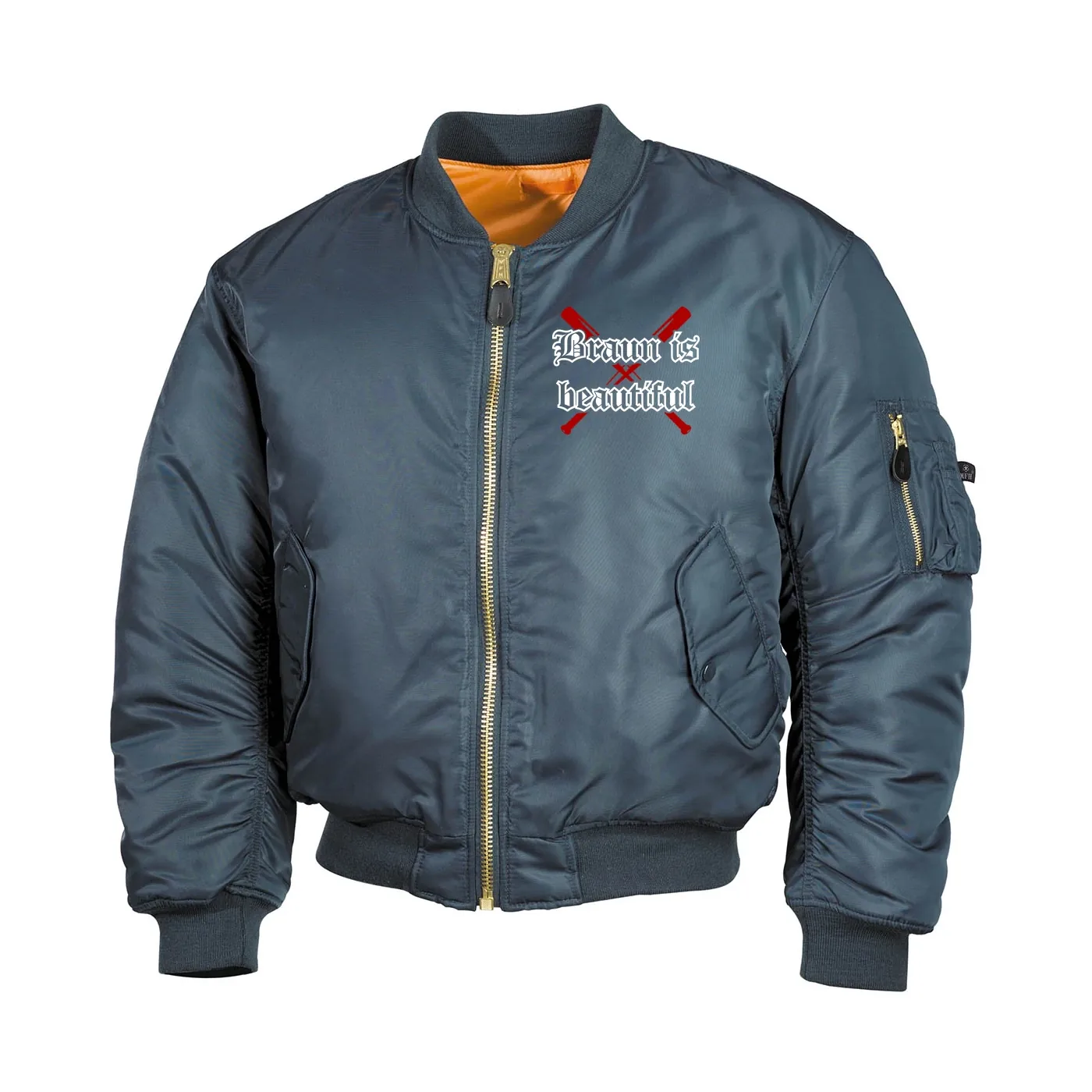 Bestickte MA1 Bomberjacke, Alphablau - Braun is beautiful