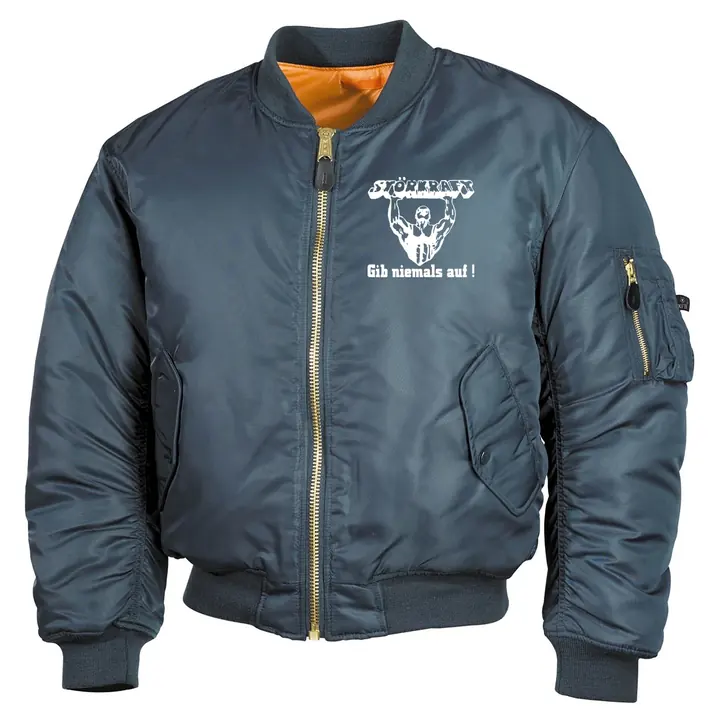 Bestickte MA1 Bomberjacke, Alphablau - Störkraft gib niemals auf