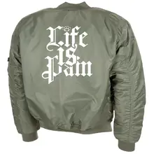 Bestickte MA1 Bomberjacke, Oliv - Life is Pain Rückseite