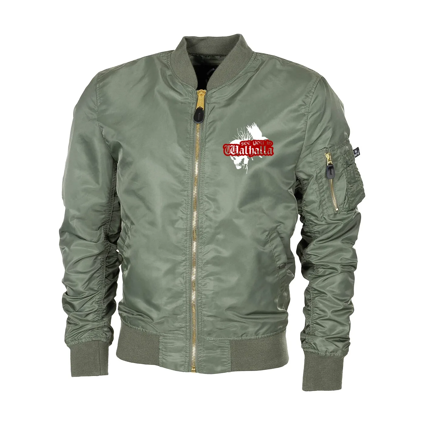Bestickte MA1 Bomberjacke "Leichtversion" Schwarz - See you in Walhalla, Totenkopf