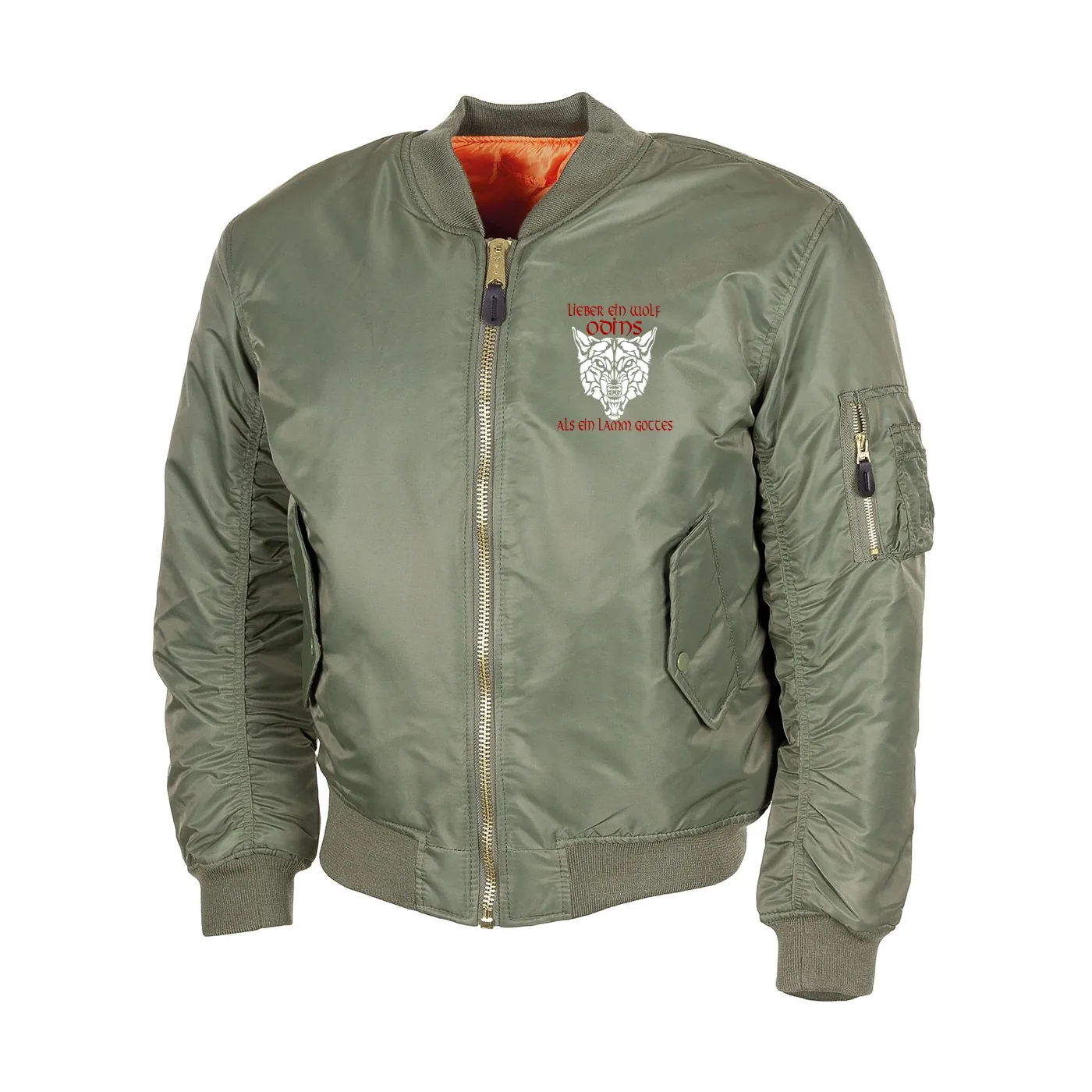 Bestickte MA1 Bomberjacke, Oliv - Lieber ein Wolf Odins als ein Lamm Gottes