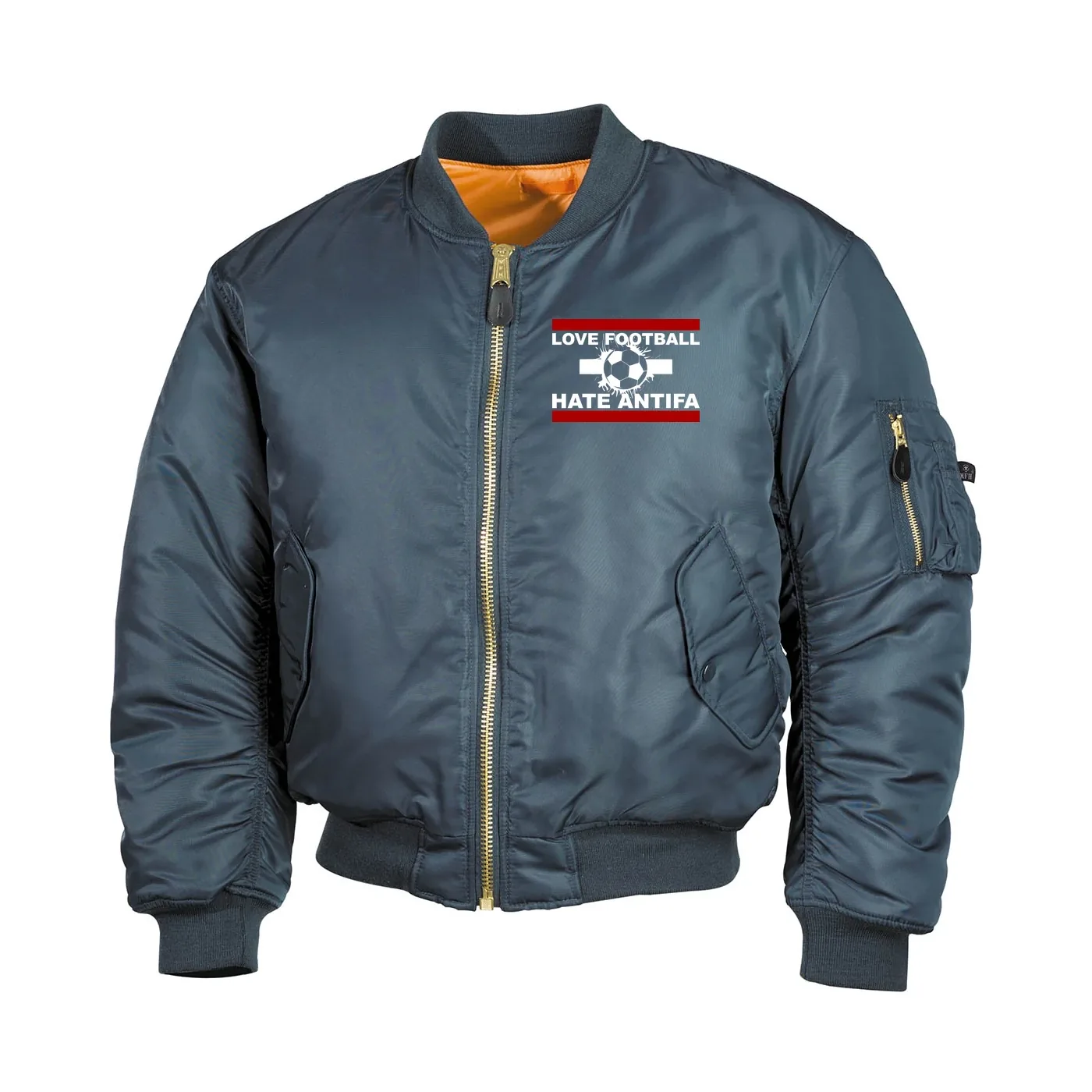 Bestickte MA1 Bomberjacke, Alphablau - Love Football hate Antifa