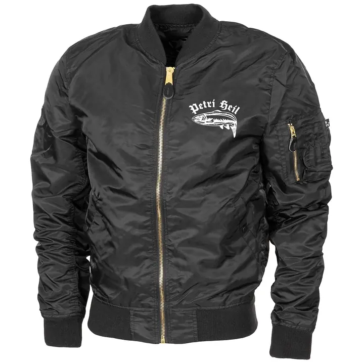Bestickte MA1 Bomberjacke "Leichtversion" Schwarz - Petri Heil
