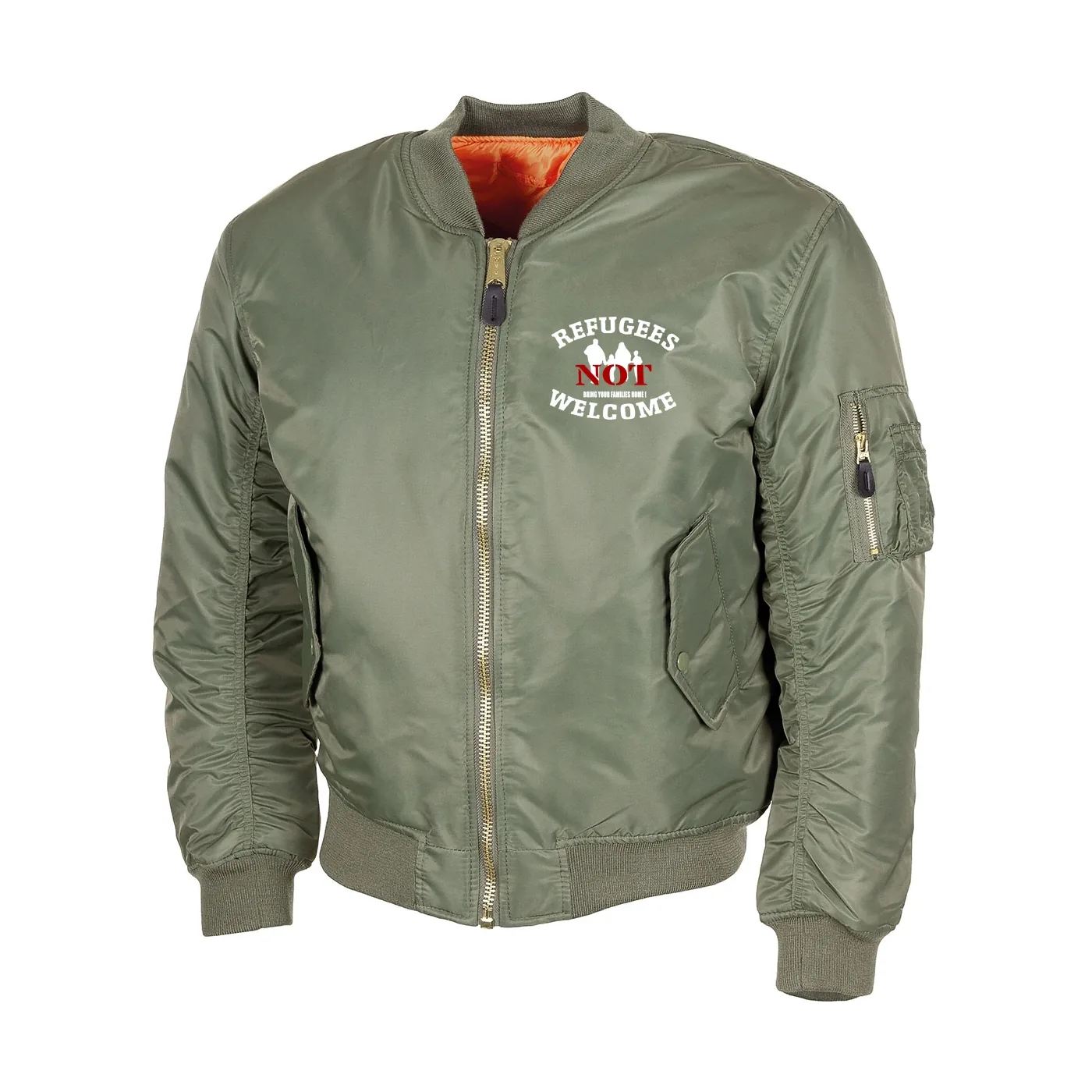 Bestickte MA1 Bomberjacke, Oliv - Refugees not welcome