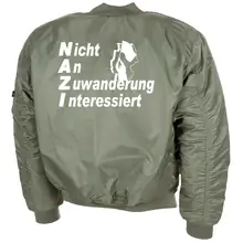 Bestickte MA1 Bomberjacke, Oliv - Nicht an Zuwanderung interessiert, Fahne Rückseite
