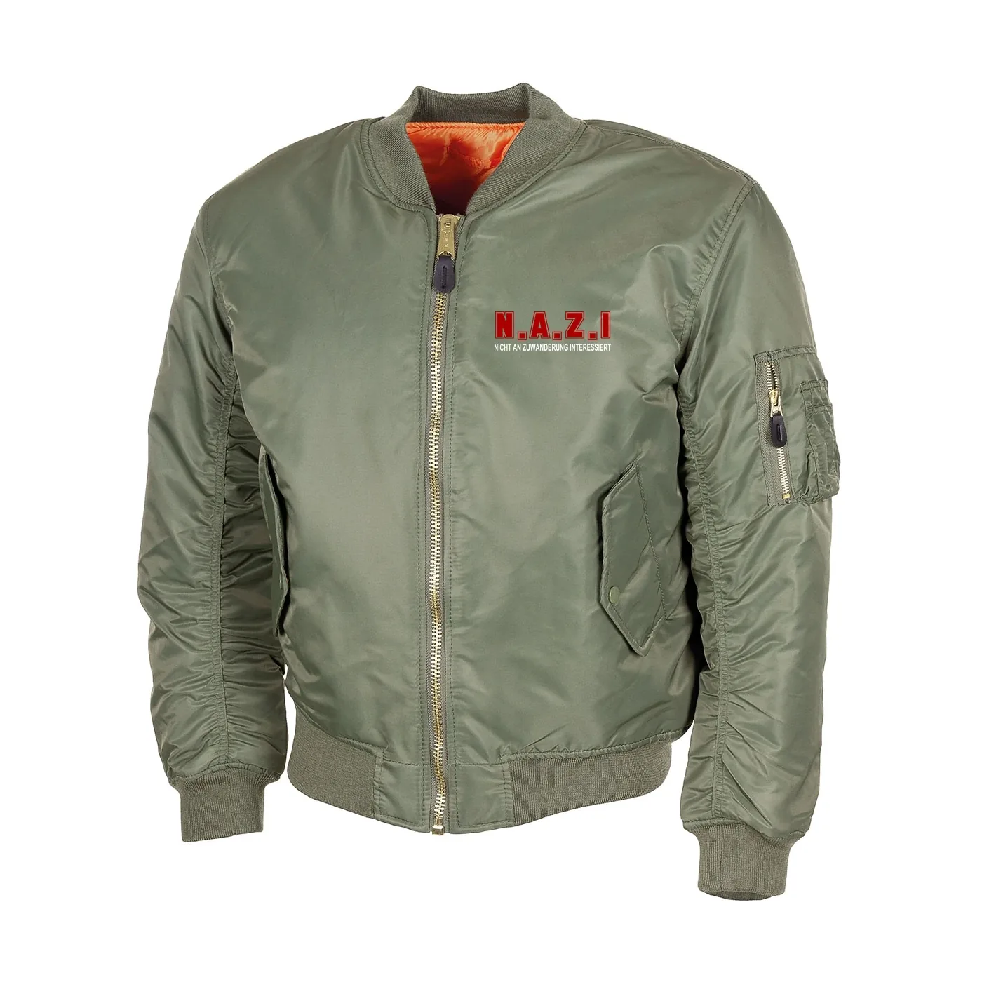 Bestickte MA1 Bomberjacke, Oliv - Nicht an Zuwanderung interessiert, Fahne