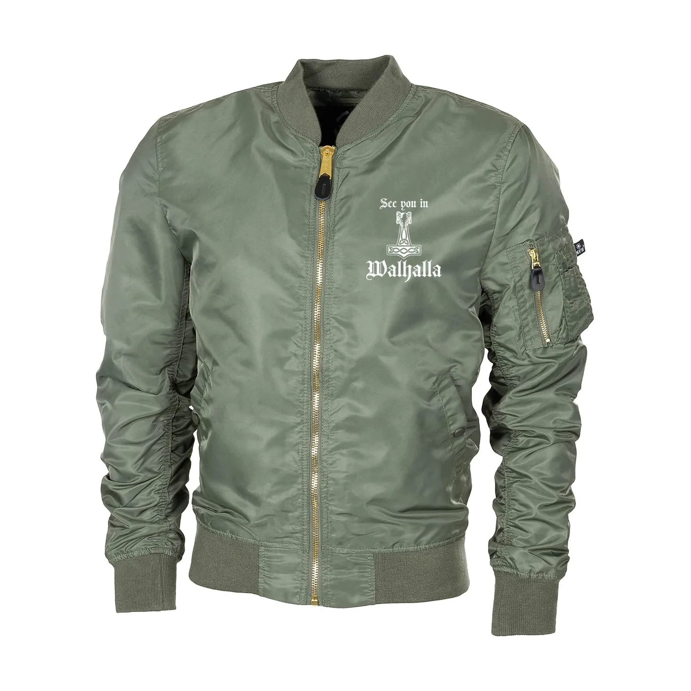 Bestickte MA1 Bomberjacke "Leichtversion" Schwarz - See you in Walhalla Thorhammer