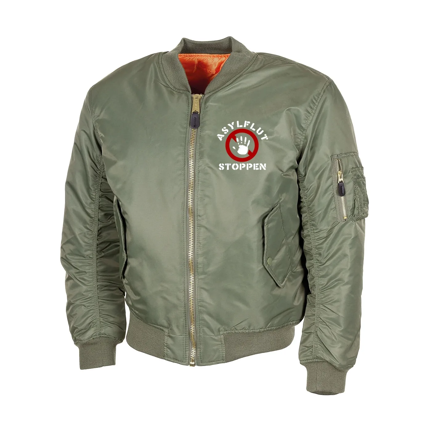 Bestickte MA1 Bomberjacke, Oliv - Asylflut stoppen