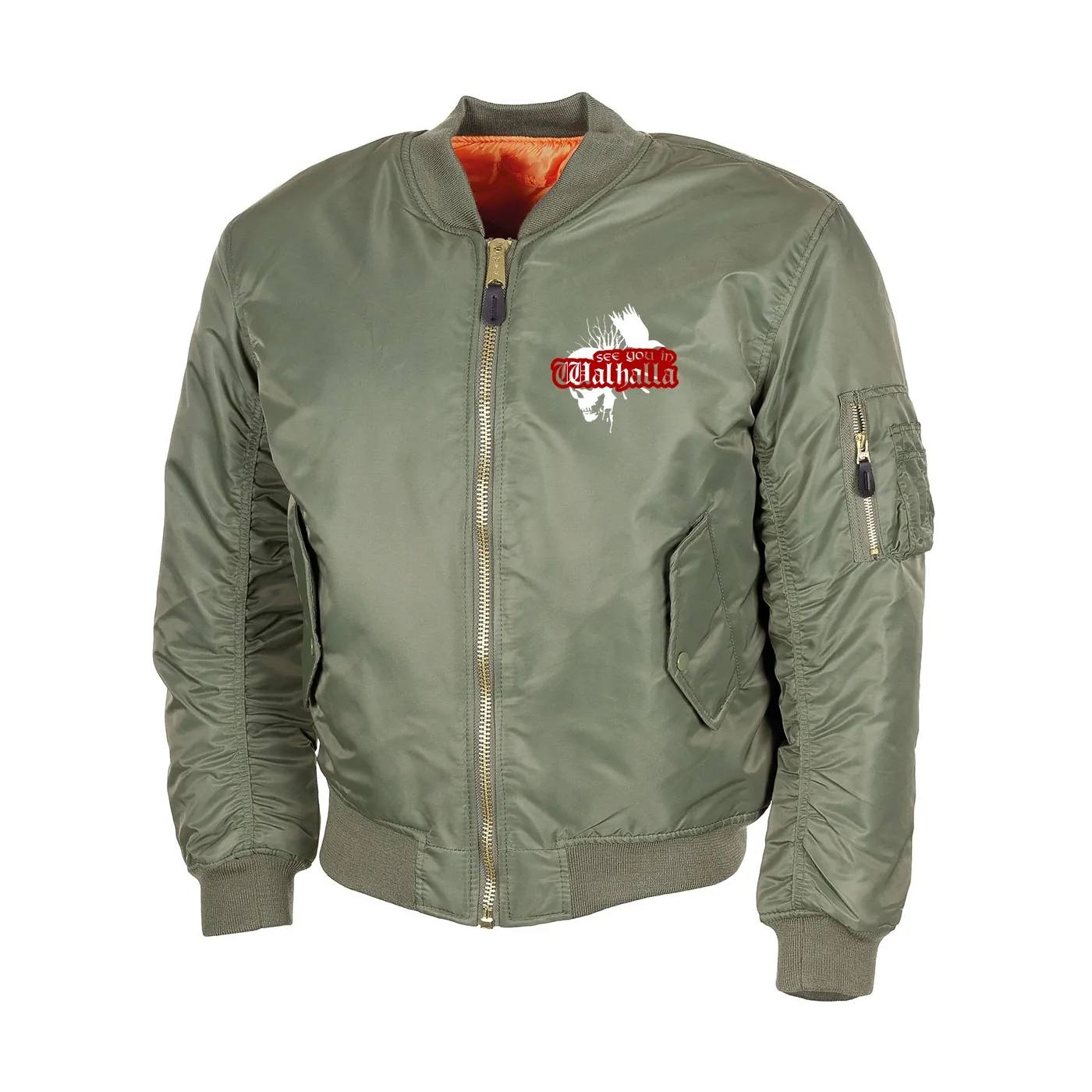 Bestickte MA1 Bomberjacke, Oliv - See you in Walhalla, Totenkopf