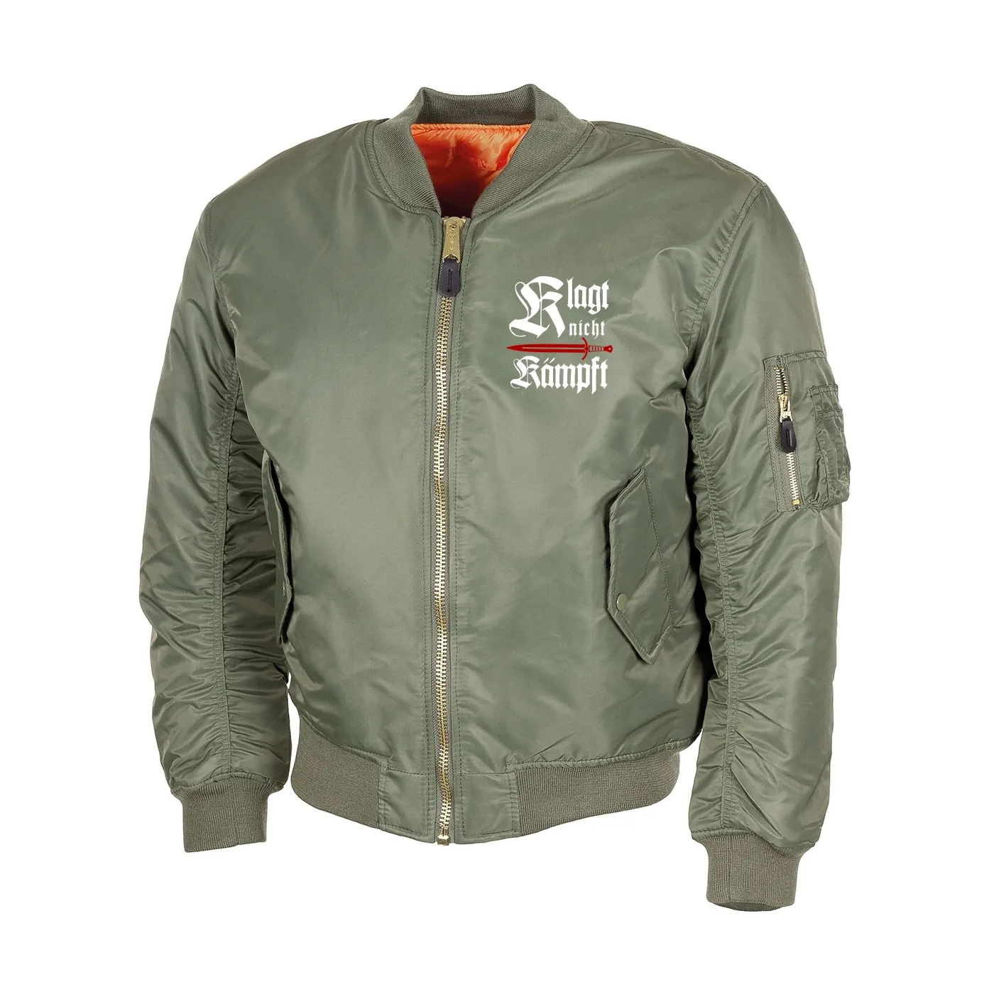 Bestickte MA1 Bomberjacke, Oliv - Klagt nicht kämpft, Schwert