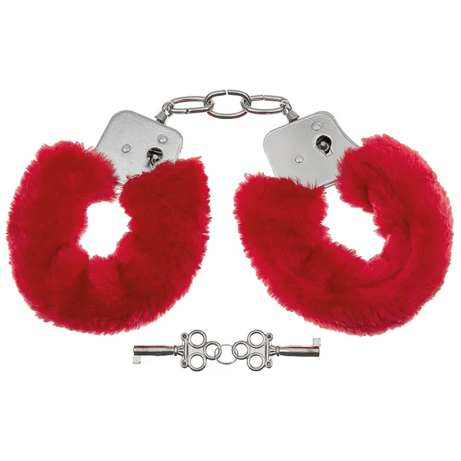 Handschellen, 2 Schlüssel, chrom, Fellüberzug in rot