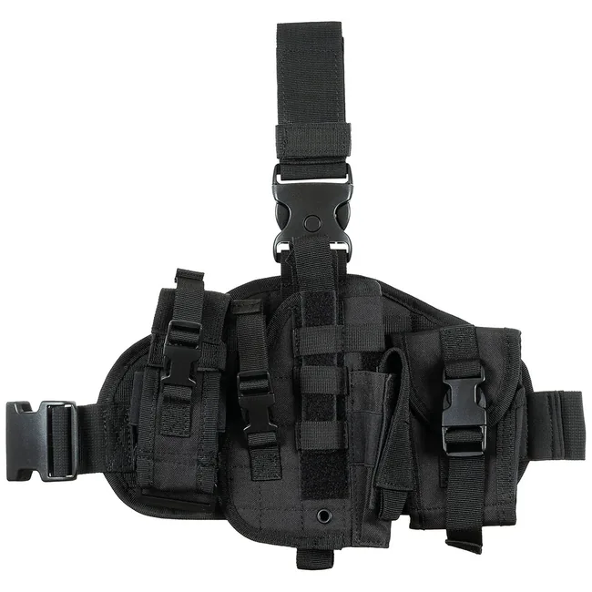 Pistolenbeinholster, "MOLLE", rechts, schwarz, mit Taschen