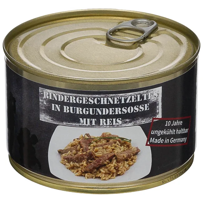 Rindergeschnetzeltes mit Reis, Vollkonserve, 400 g, 7% Mwst.