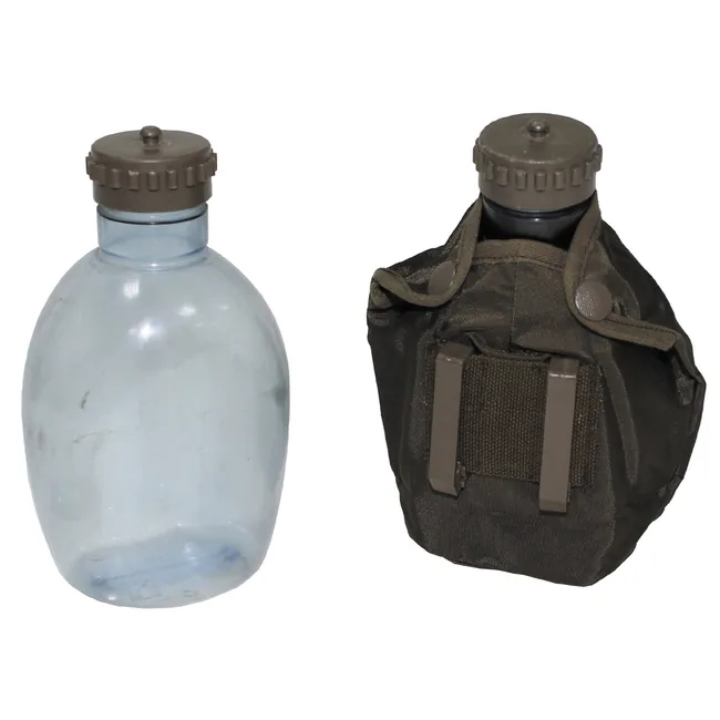 Österr. Plastikfeldflasche, transparent, Bezug, gebr.