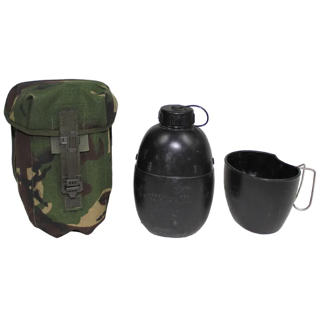 Brit. Feldflasche, schwarz, Becher, Tasche DPM tarn, gebr.