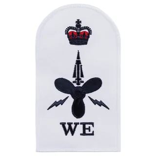 Brit. Stickabzeichen, weiß, "ROYAL NAVY, WE", neuw.